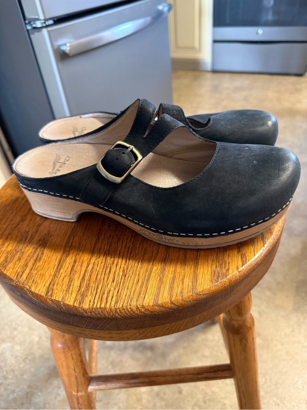 Dansko Black Leather Clog Mule with Buckle